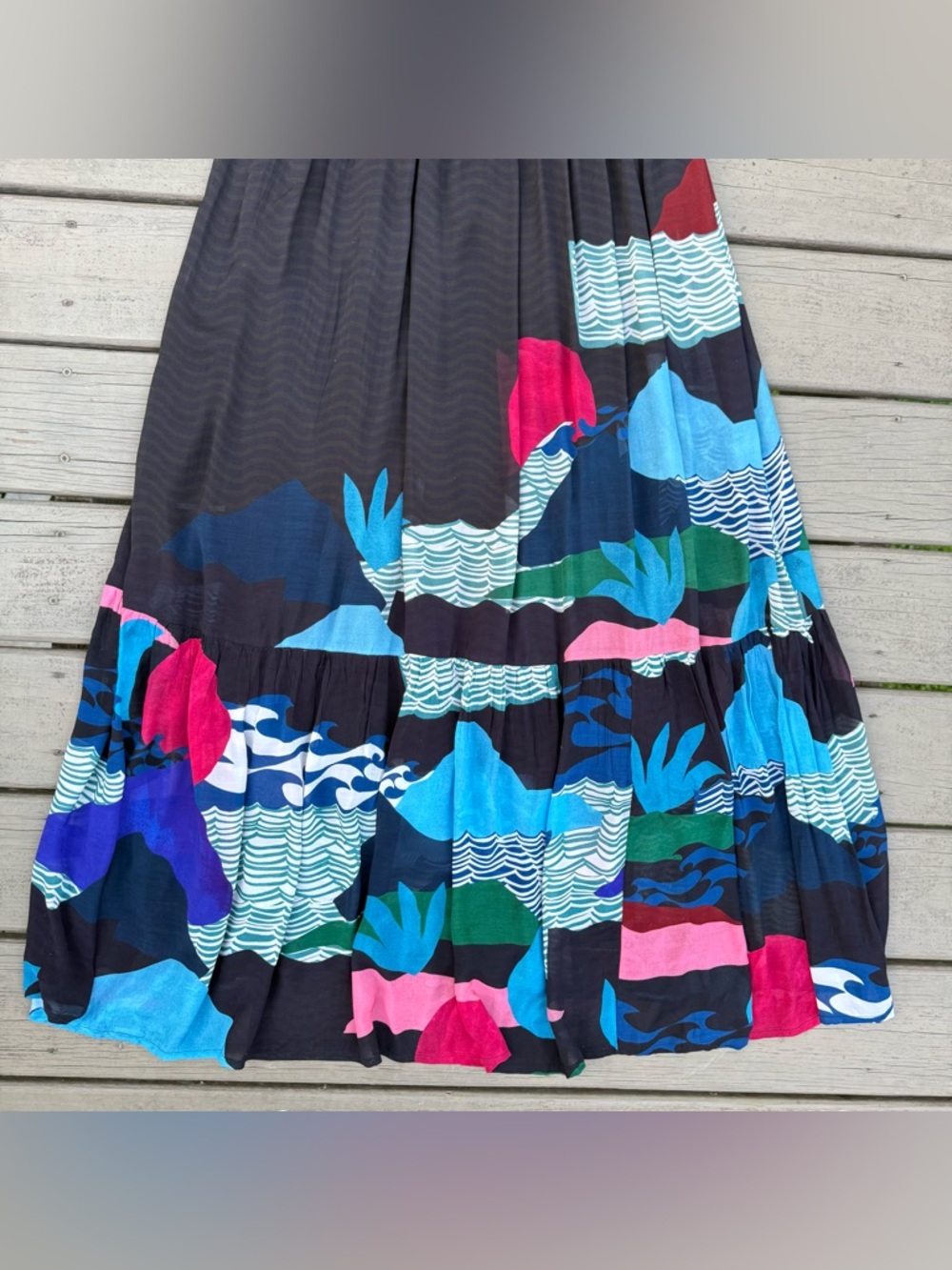NWT Oliphant Ruffle V-Neck Maxi Dress in Pacifica Waves Print Size M - Picture 11 of 15